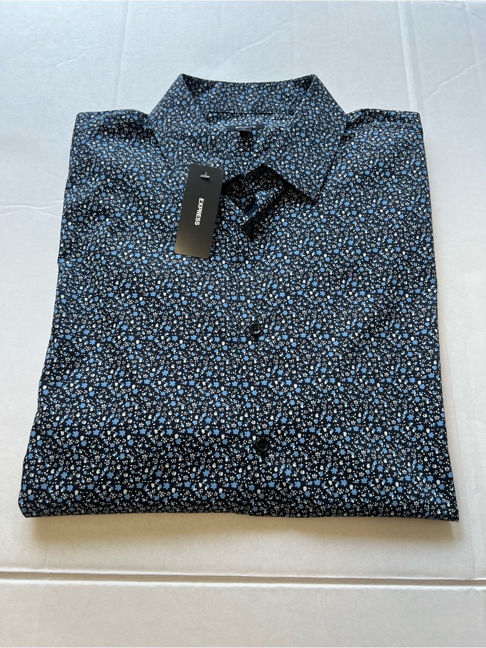 Express Black Button-Down Shirt with Blue and White Floral Print